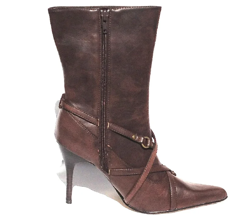 Brown high heeled booties with decorative straps