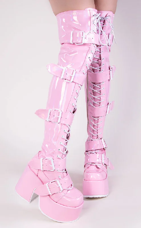 CAMEL-305 Baby Pink Holo Thigh High Boots