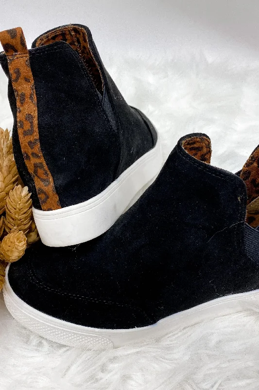 Can't Be Tamed- Black Wedge Sneakers w/ Leopard Detail