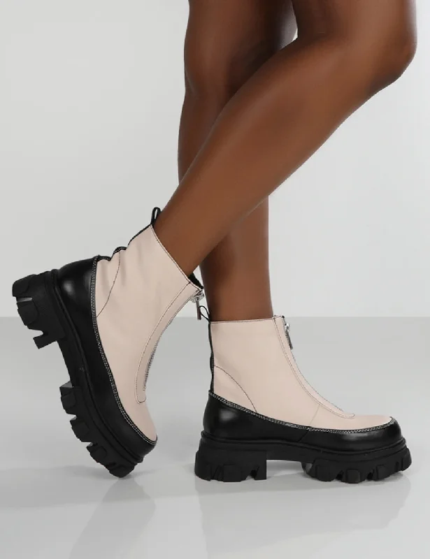 Direction Bone Pu Zip Front Platform Chunky Sole Ankle Boot