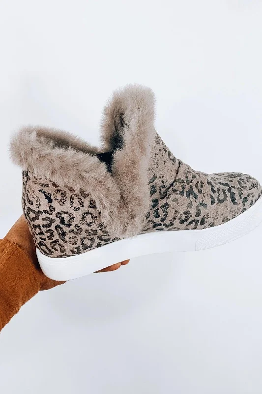 Getting Ahead- Taupe Leopard Fur Lined Wedge Sneakers