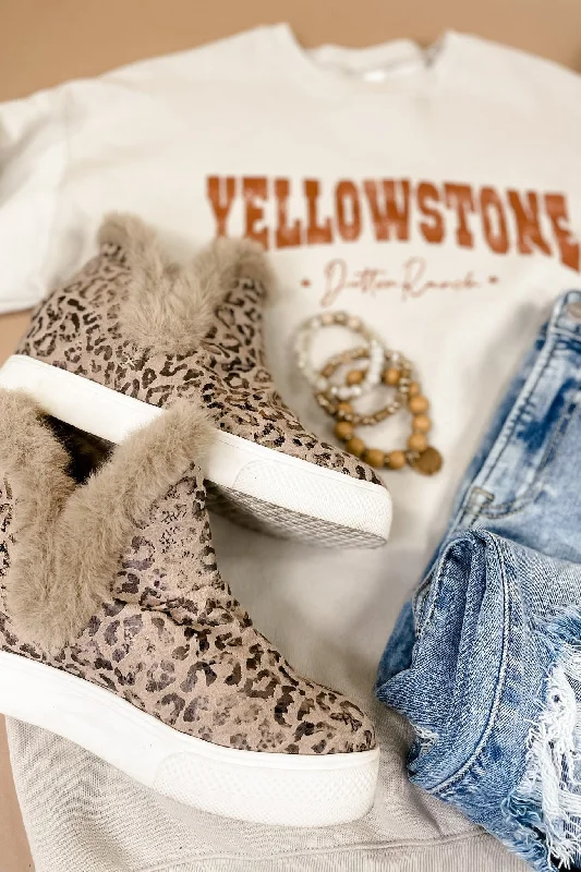 Getting Ahead- Taupe Leopard Fur Lined Wedge Sneakers