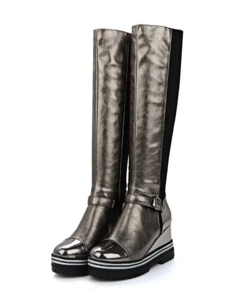 Grey metallic platform knee-high boots