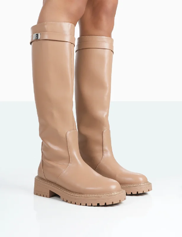 More Fun Caramel PU Round Toe Knee High Boots