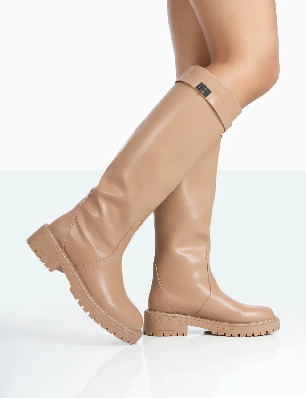 More Fun Caramel PU Round Toe Knee High Boots