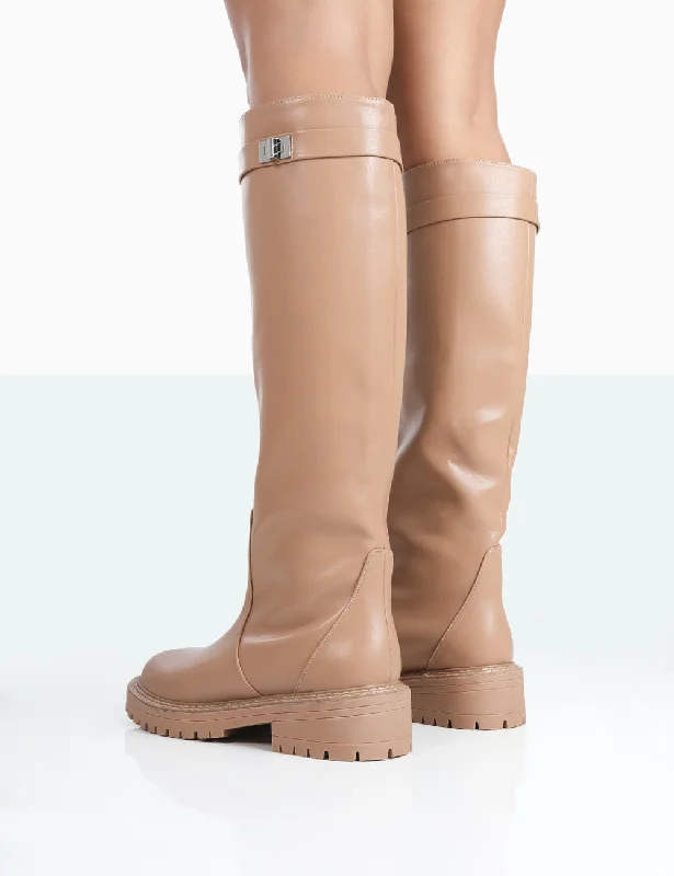 More Fun Caramel PU Round Toe Knee High Boots