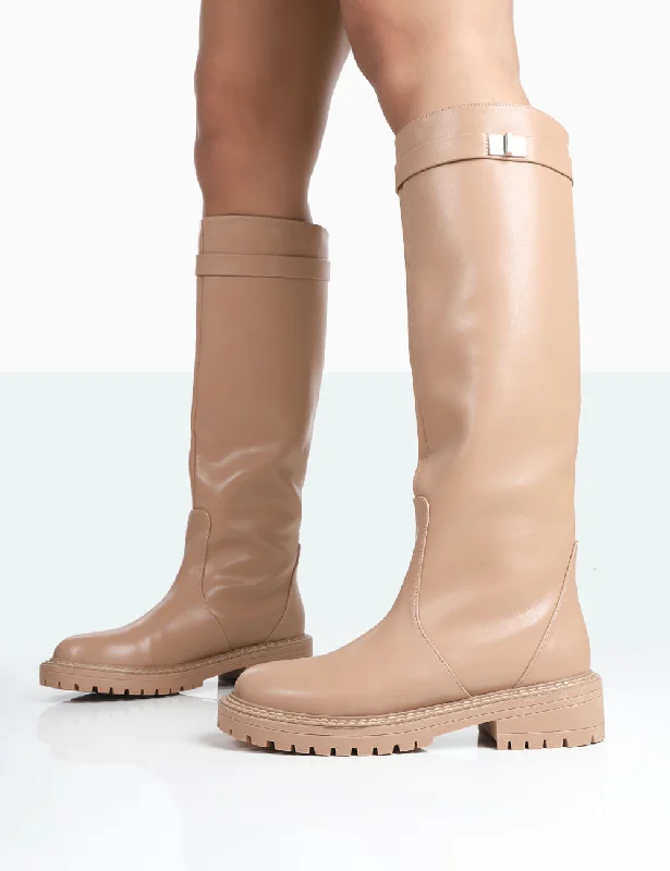 More Fun Caramel PU Round Toe Knee High Boots