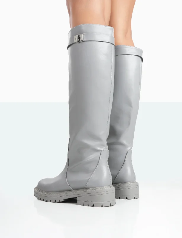 More Fun Grey PU Round Toe Knee High Boots