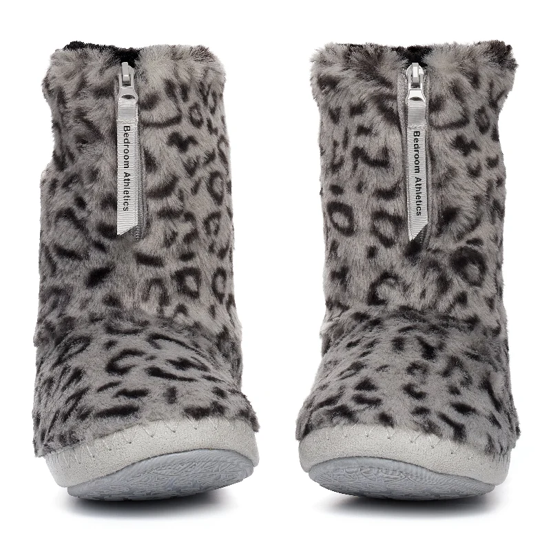 Sabor - Leopard Patterned Faux Fur Slipper Boot - Grey Leopard