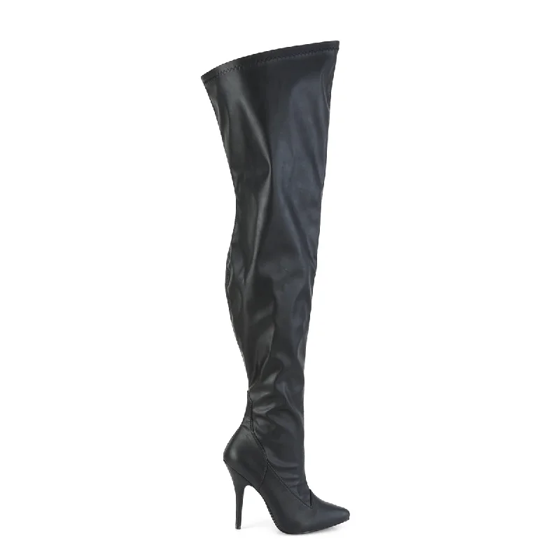 Wide Calf Thigh High Boots Black PU