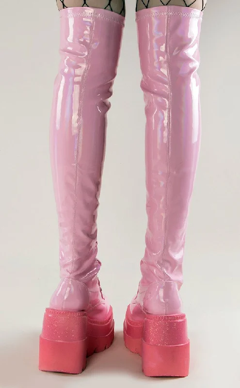 SHAKER-374-1 Baby Pink Holographic Thigh High Platform Boots