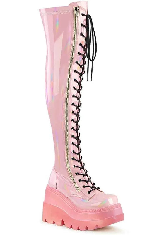 SHAKER-374-1 Baby Pink Holographic Thigh High Platform Boots