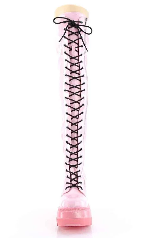 SHAKER-374-1 Baby Pink Holographic Thigh High Platform Boots