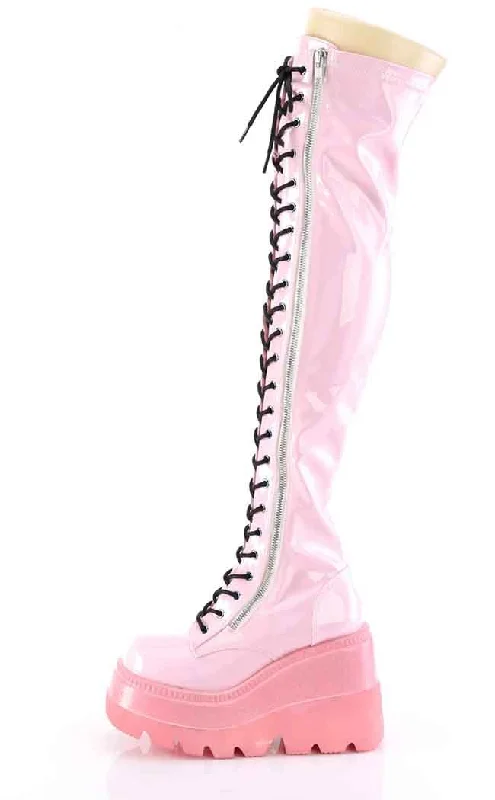 SHAKER-374-1 Baby Pink Holographic Thigh High Platform Boots