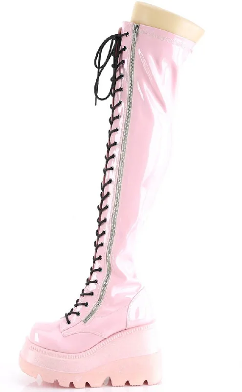 SHAKER-374 Baby Pink Holographic Thigh High Platform Boots