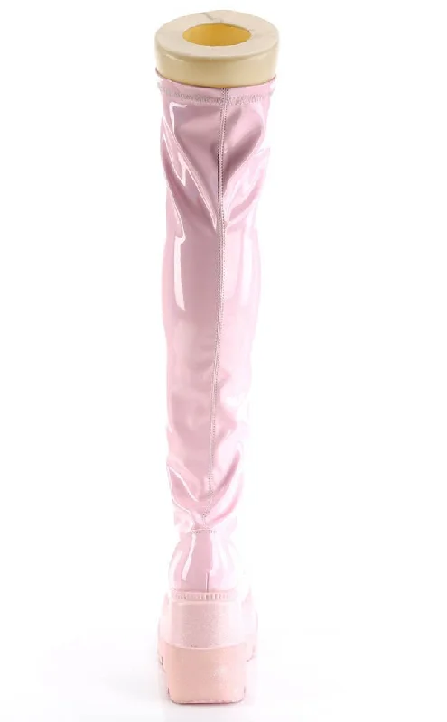 SHAKER-374 Baby Pink Holographic Thigh High Platform Boots