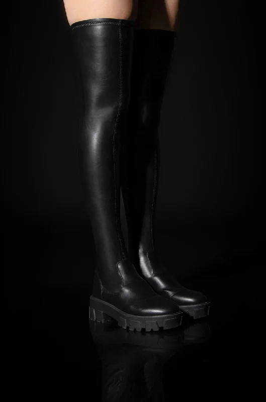 SLIM FIT AZALEA WANG LATE NIGHTS FITTED OVER THE KNEE FLATFORM BOOT WITH 4 WAY STRETCH IN BLACK