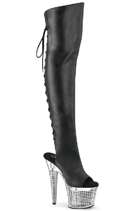 SPECTATOR-3019 Black & Silver Thigh High Boots