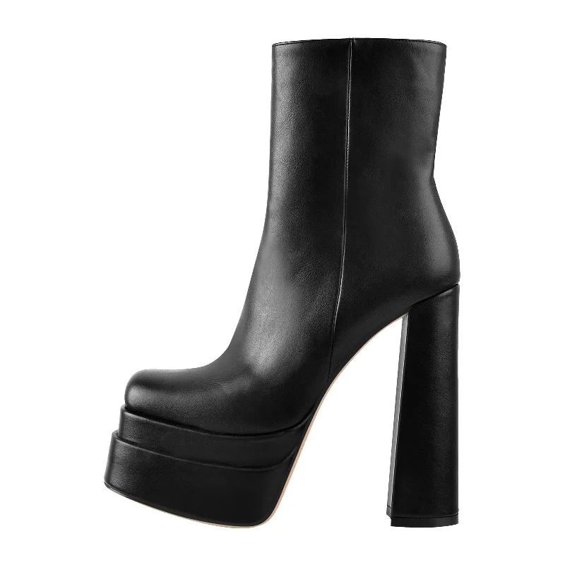 Square Toe Black Double Platform Block Heel Ankle Boot