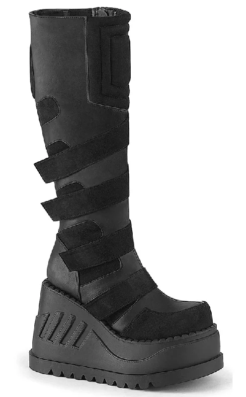 STOMP-228 Black Vegan Leather Knee High Platform Boots