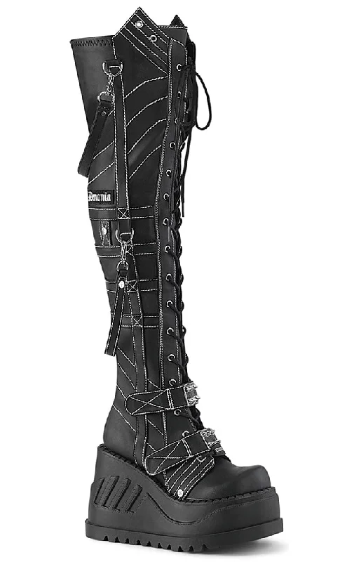 STOMP-310 Black Vegan Leather Knee High Platform Boots