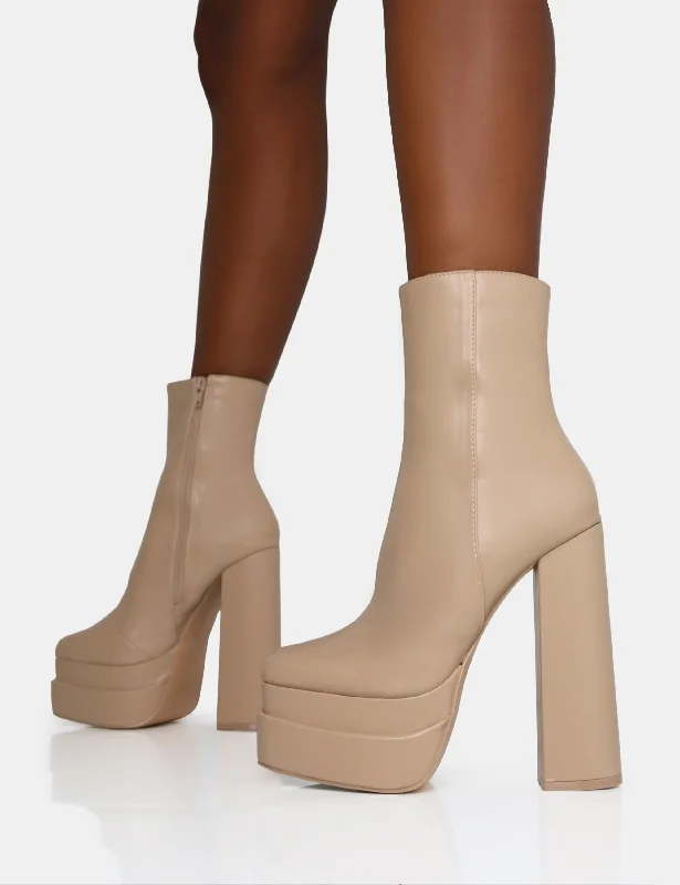 Supine Nude PU Chunky Heeled Platform Ankle Boots