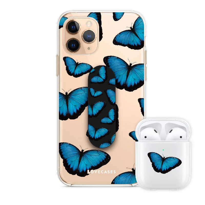 Blue Butterfly Phone Case, Phone Loop + AirPod Bundle