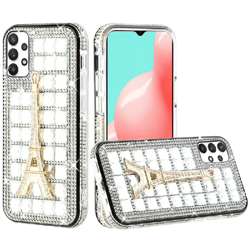 For Samsung A32 5G Ornament Bling Diamond Shiny Crystal Case Cover - Eiffel Tower on Silver