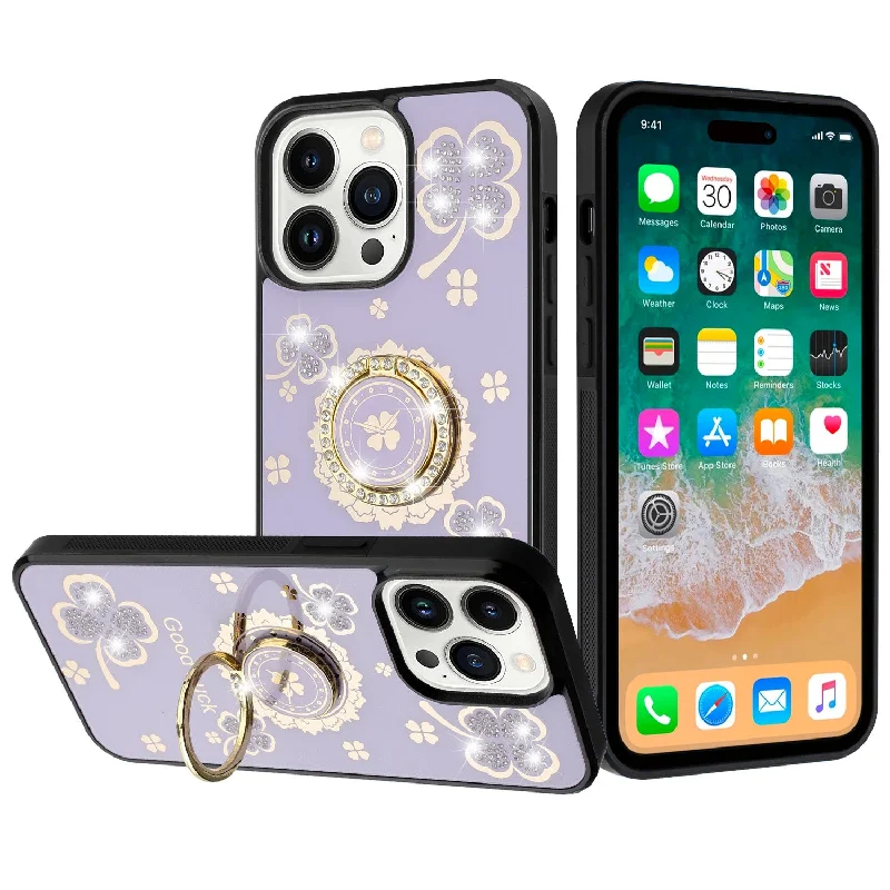 For iPhone 16 Pro Diamond Glitter Ornaments Engraving Case Floral Purple