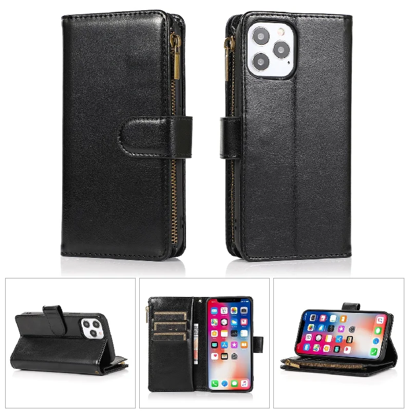 For Samsung S24 Plus Luxury Wallet Card ID Zipper Money Holder Case Cover - Black