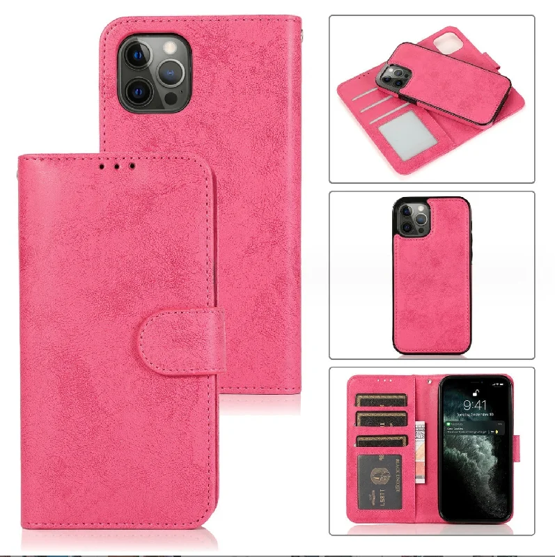 Magnetic Removable Wallet Flip Phone Case Cover For iPhone 13 Pro Max-Rose Pink