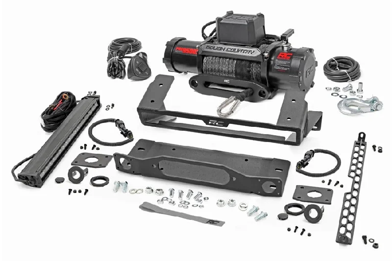 Rough Country High Winch Mount w/ PRO9500S Winch and 20in DRL Light Bar - Bronco 2021+